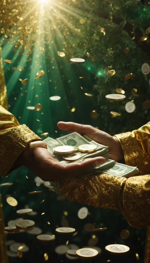 a person in gold holding money in their hands