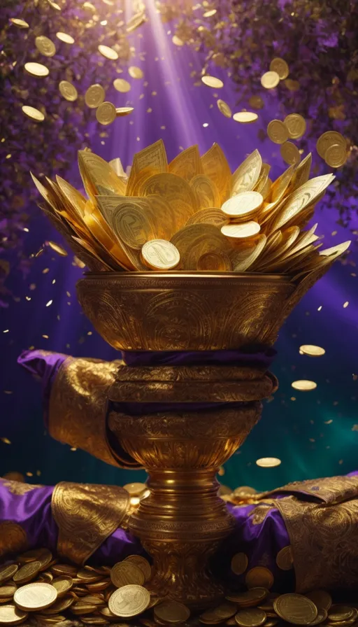 a golden vase filled with lots of gold coins