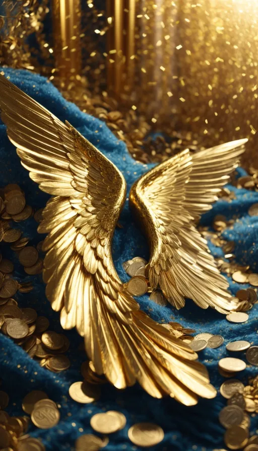 a blue cloth with a gold angel on it