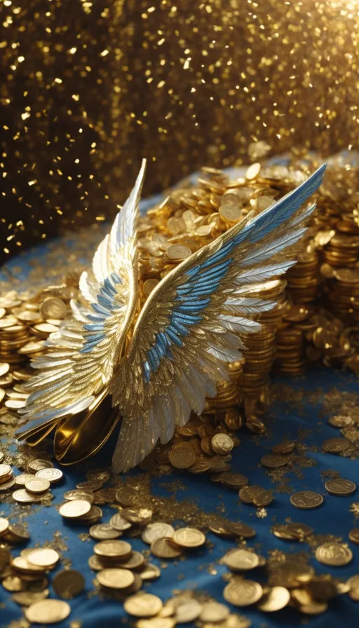 a pile of gold coins with angel wings