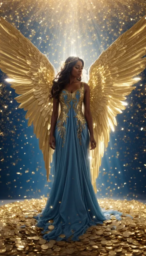 a woman in a blue dress with gold wings