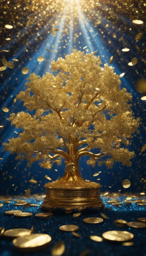 a golden tree on top of a blue table