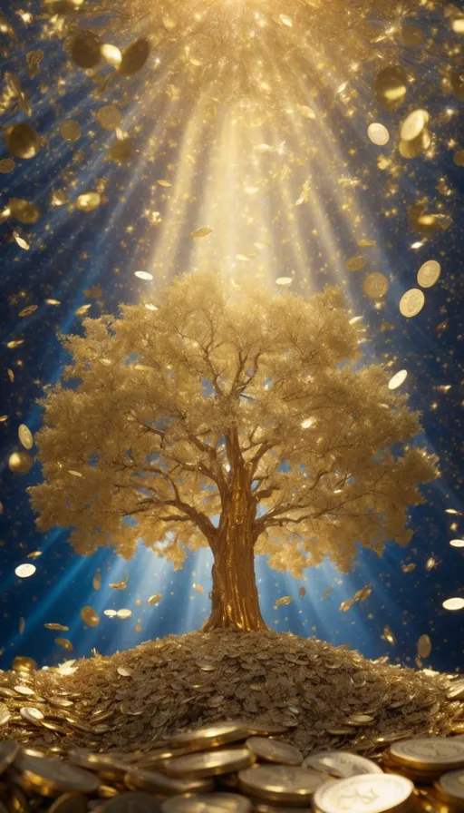 a golden tree surrounded by coins