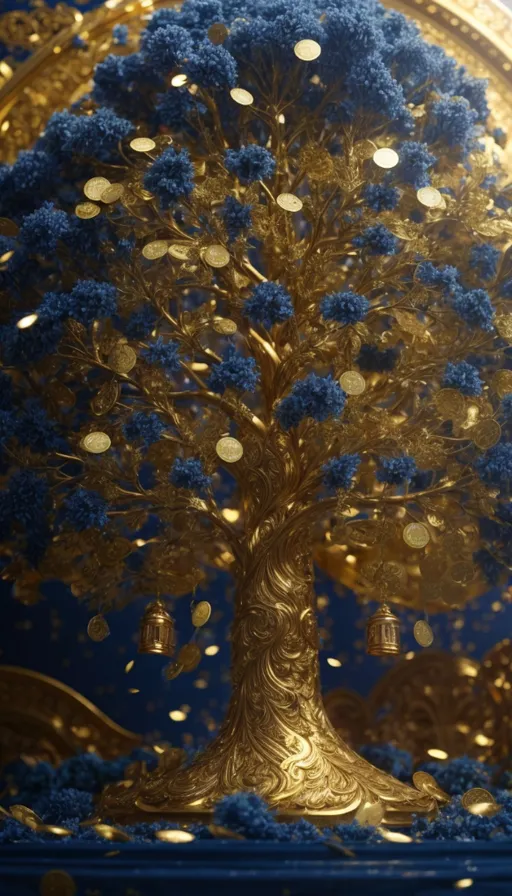 a blue and gold tree with bells on it