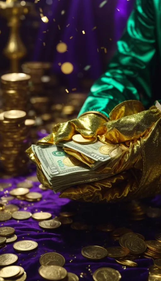 a pile of money sitting on top of a purple table