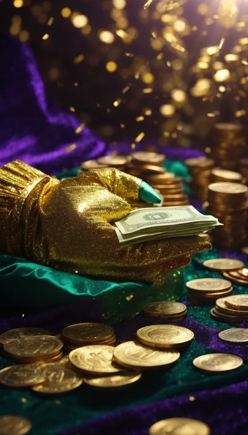 a table topped with lots of coins and a book