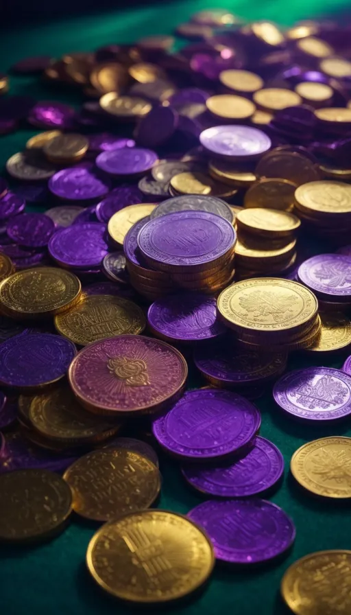 a table topped with lots of purple and gold coins