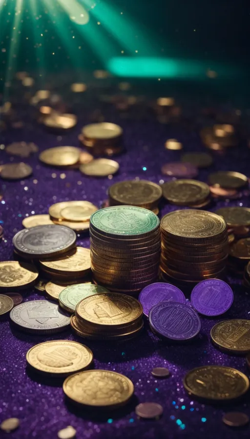 a pile of coins sitting on top of a purple table