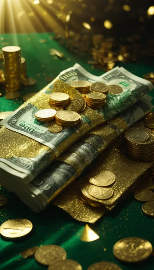 a pile of money sitting on top of a green table