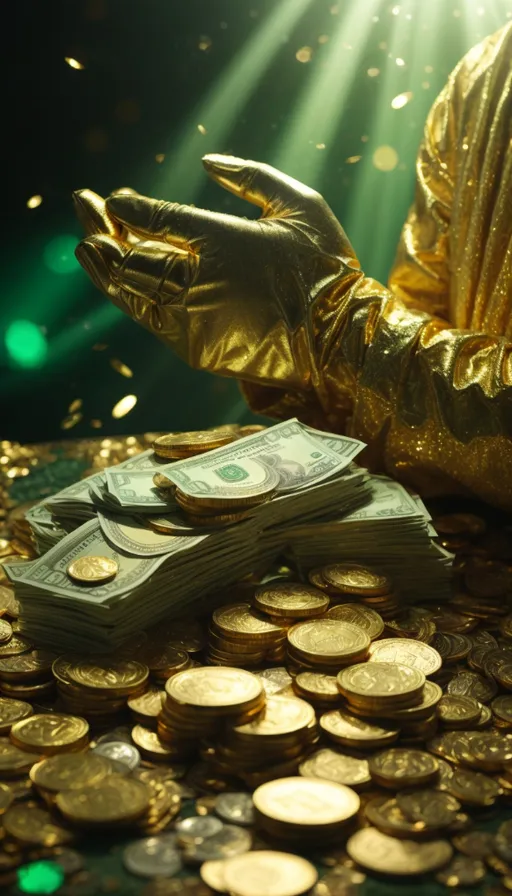 a gold gloved hand holding money on top of a pile of gold coins