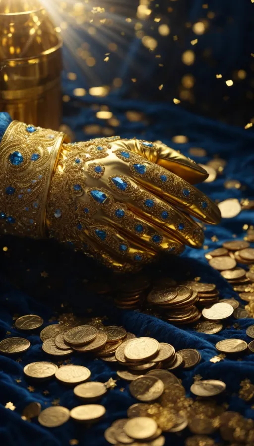 a golden glove sitting on top of a pile of coins