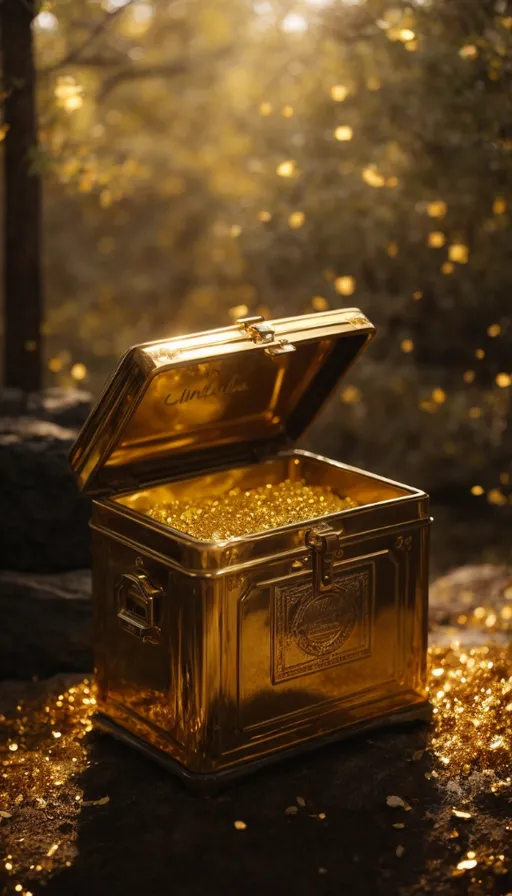 a gold chest sitting on top of a rock