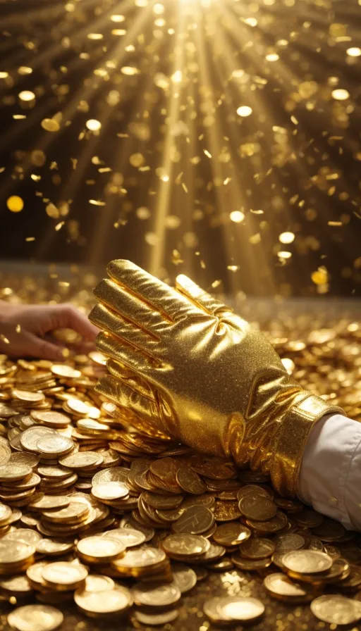 a hand that is on top of a pile of gold coins