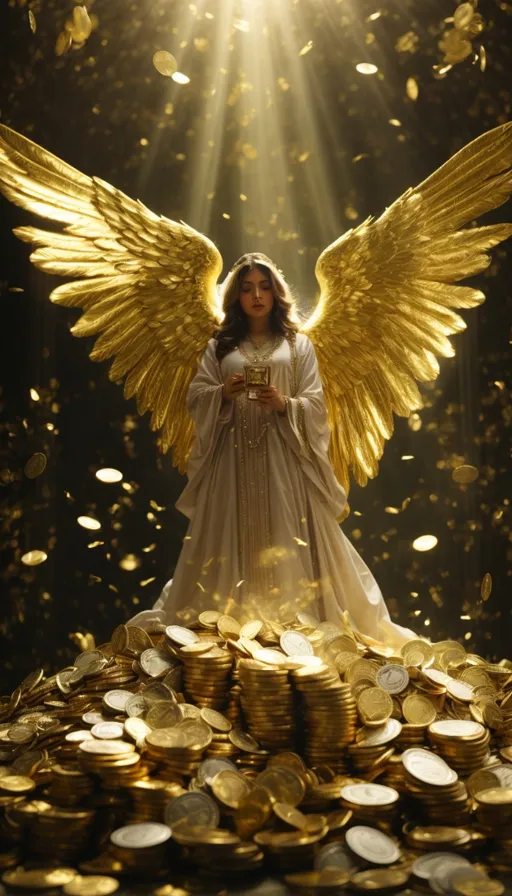 an angel standing on top of a pile of gold coins