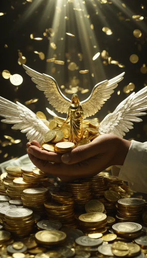 a person holding a golden angel statue over a pile of coins