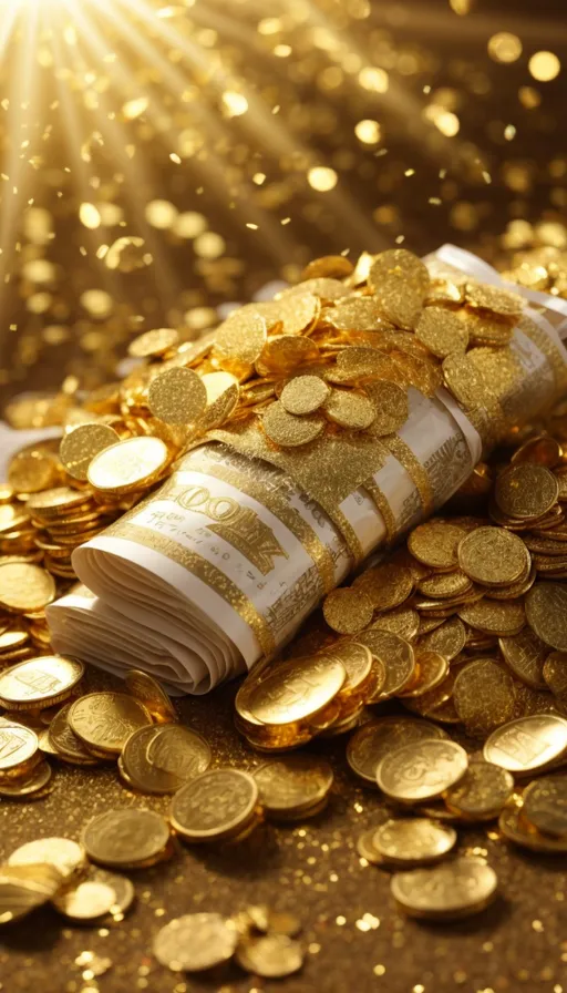 a pile of gold coins and a roll of money