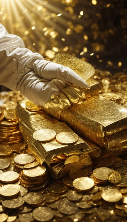 a person in white gloves and a white glove on a pile of gold coins