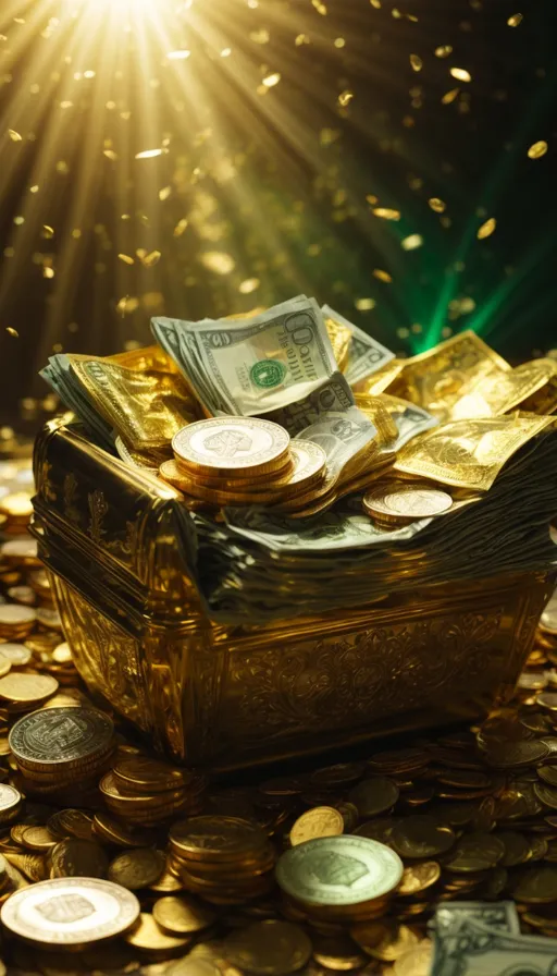 a golden chest full of money on top of a pile of gold coins