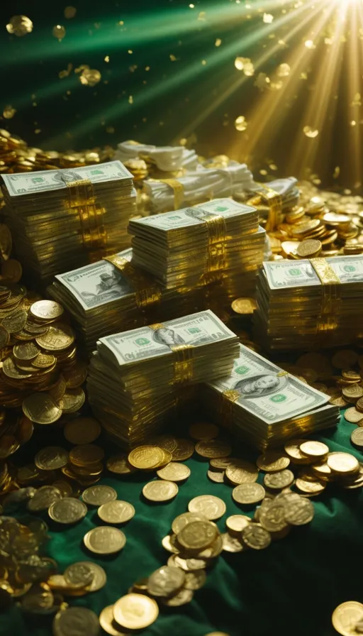 a pile of money sitting on top of a green table