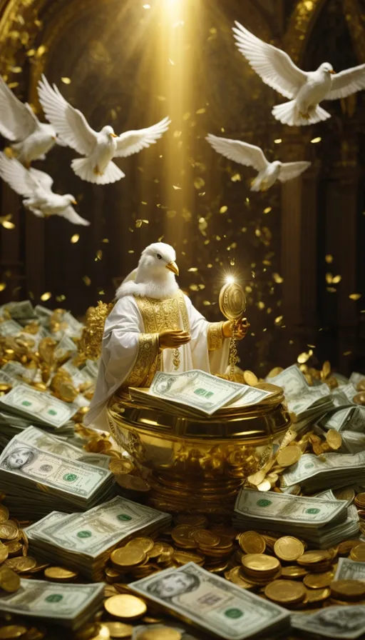 a man sitting on top of a golden bowl surrounded by money