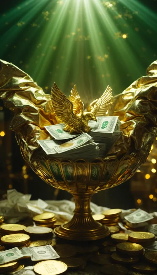 a golden eagle statue sitting on top of a pile of money