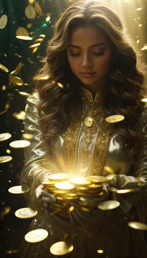 a woman in a gold dress holding a bowl of gold coins