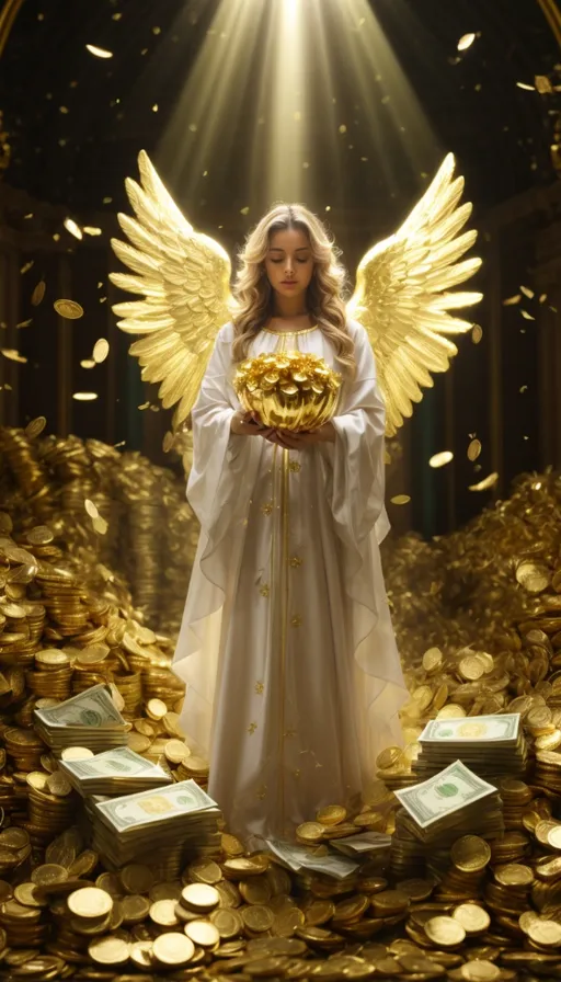 a woman holding a golden ball surrounded by gold coins