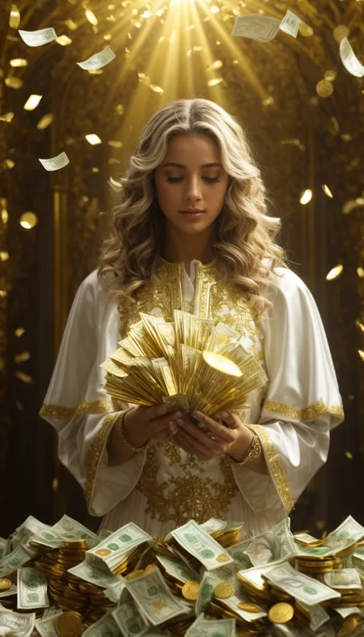 a woman holding a fan of money in front of a pile of money