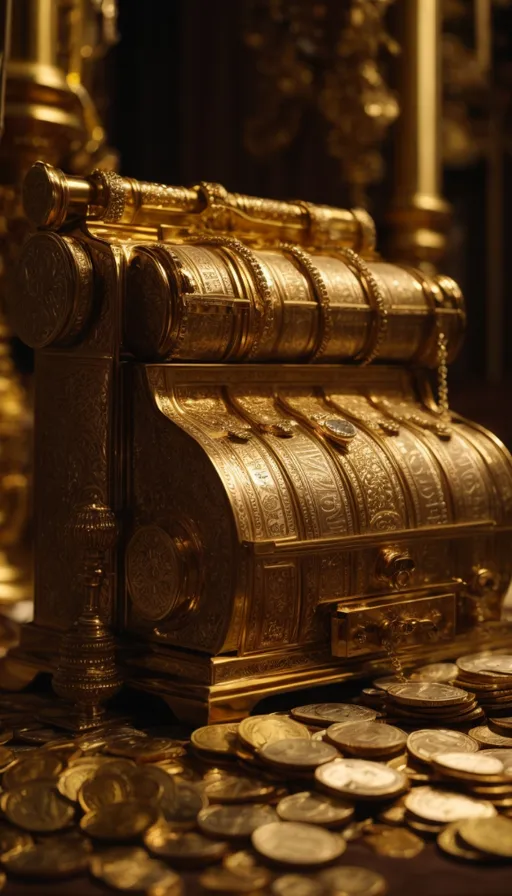 a golden chest of coins on a table