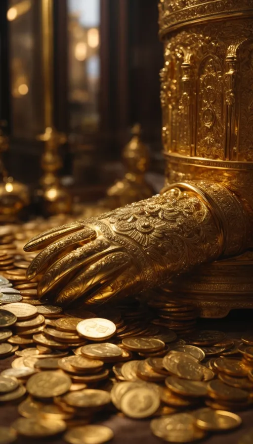 a pile of gold coins sitting next to a golden statue