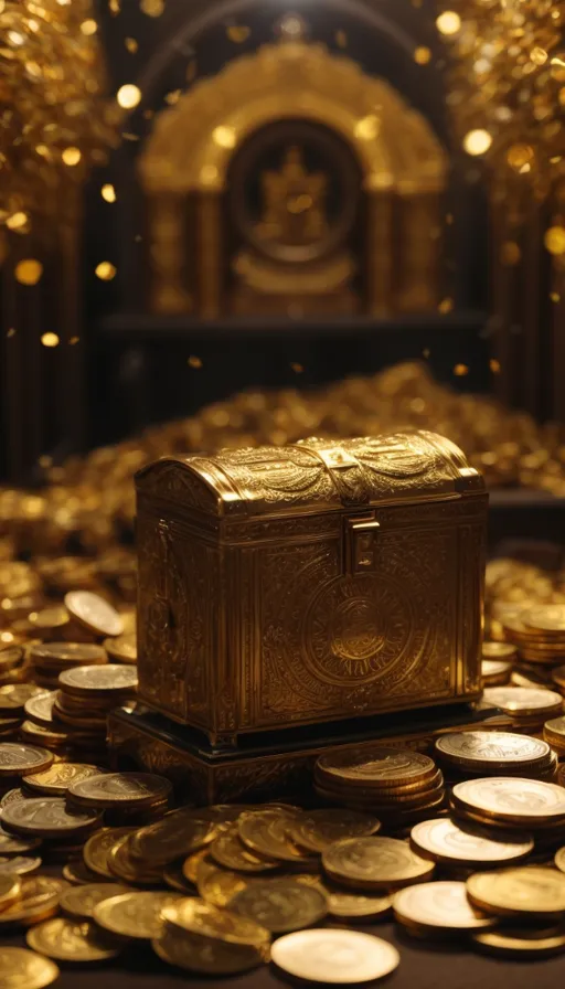 a gold chest surrounded by gold coins