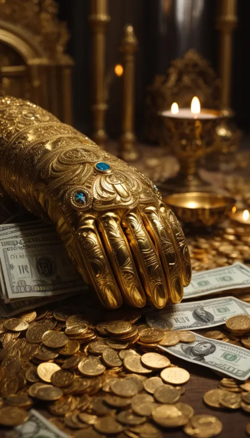 a pile of money with a gold glove on top of it