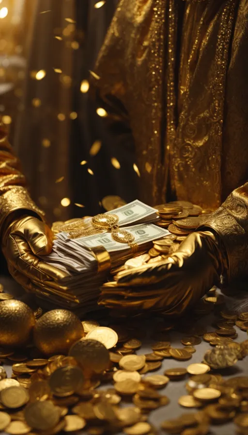 a gold glove and some gold coins on a table