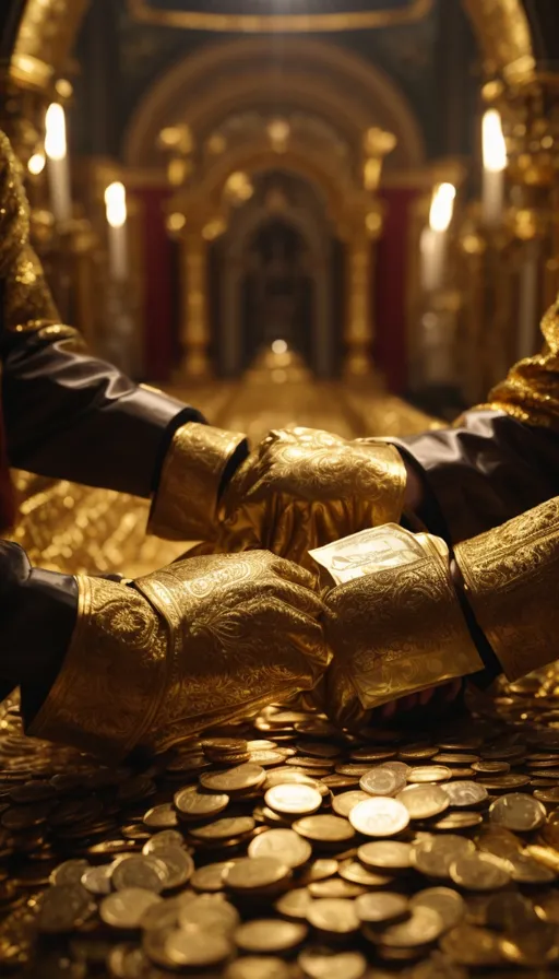 two hands with gold gloves on a pile of gold coins