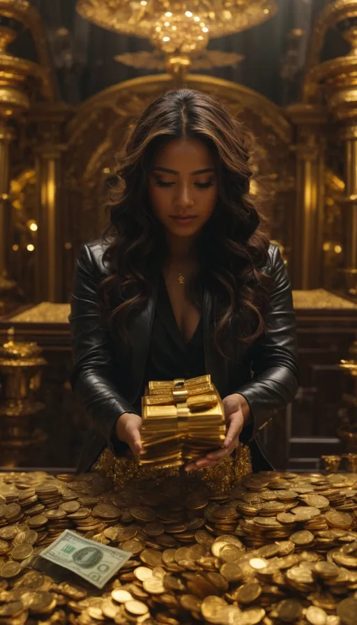 a woman in a black leather jacket holding a box of gold coins