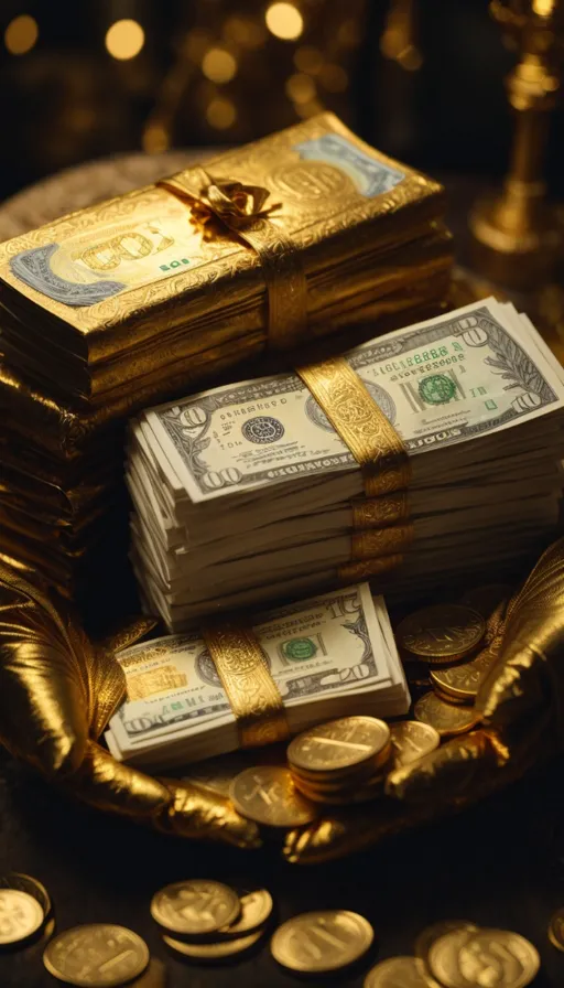 a pile of money sitting on top of a gold plate