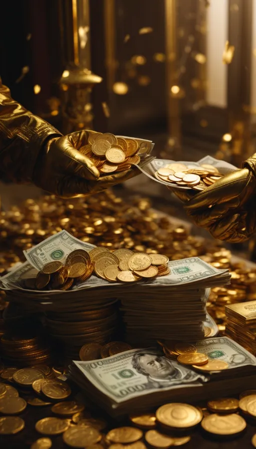 a table topped with lots of gold coins