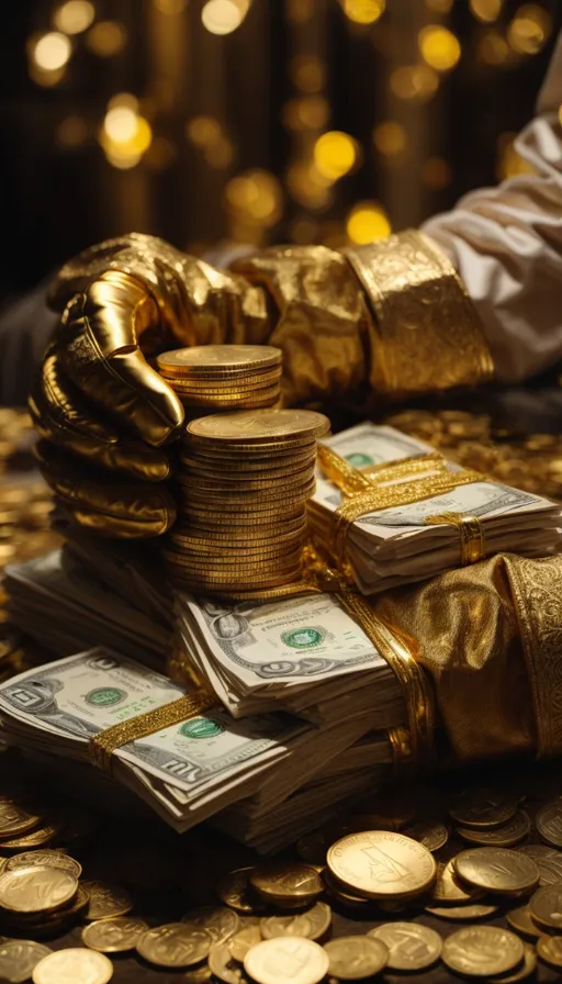 a pile of money with gold gloves on top of it