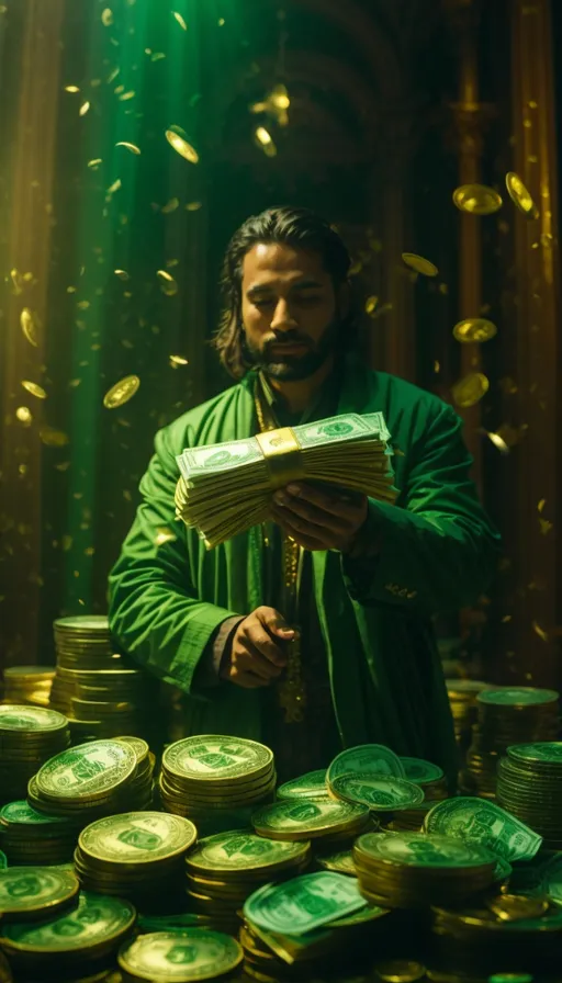 a man standing in front of a pile of money