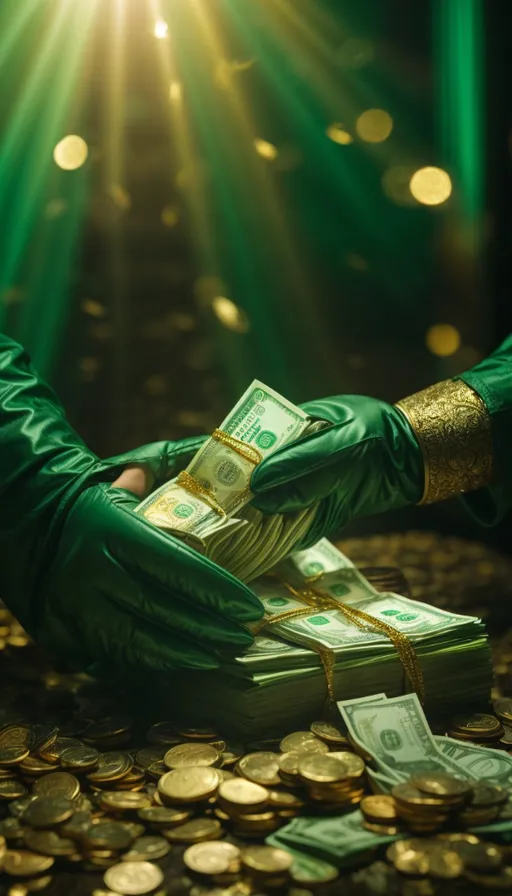 a person in green gloves putting money into a pile