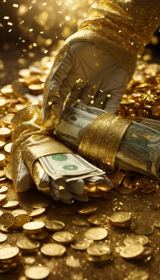 a person in a gold outfit is putting money into a bag