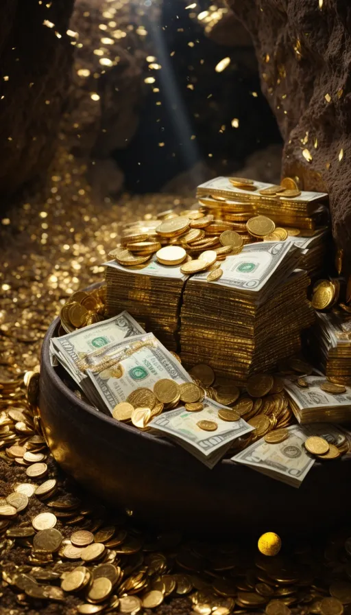 a boat filled with lots of money sitting on top of a pile of gold coins