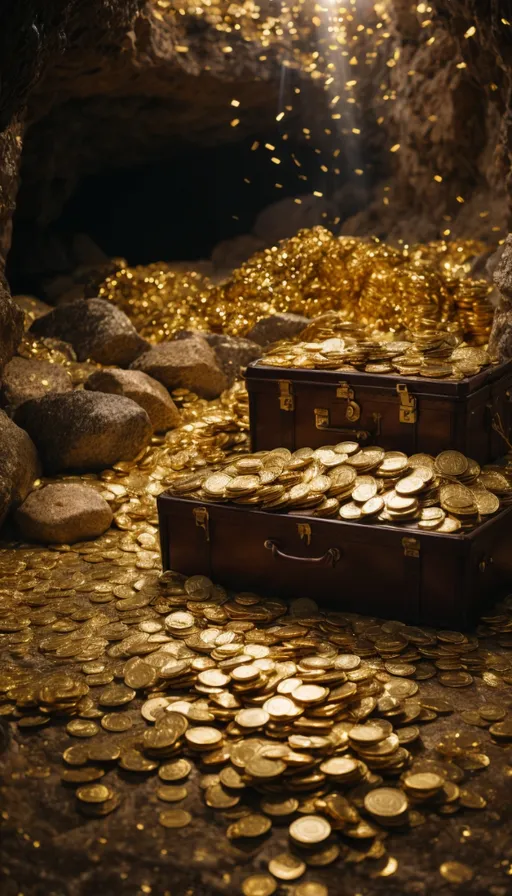 a pile of gold coins sitting on top of a pile of rocks