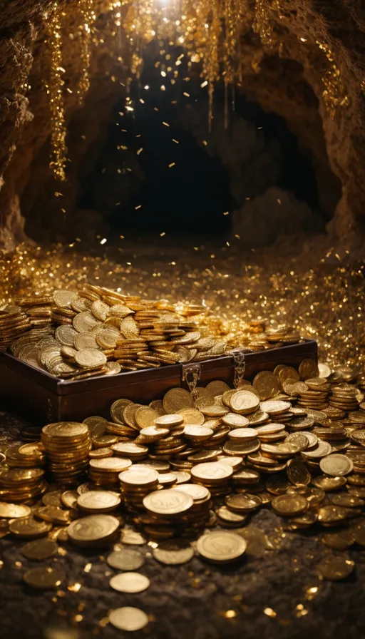 a wooden box filled with lots of gold coins