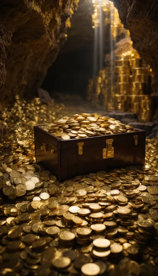 a suitcase sitting on top of a pile of gold coins