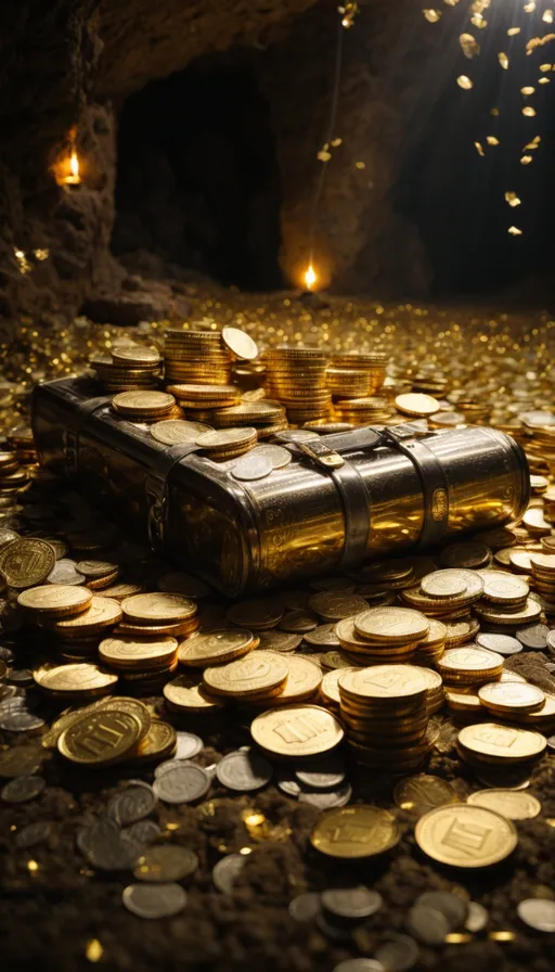 a pile of gold coins sitting on top of a floor