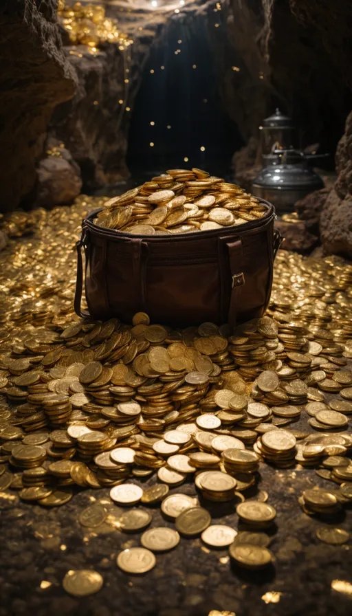 a bag filled with gold coins sitting on top of a floor