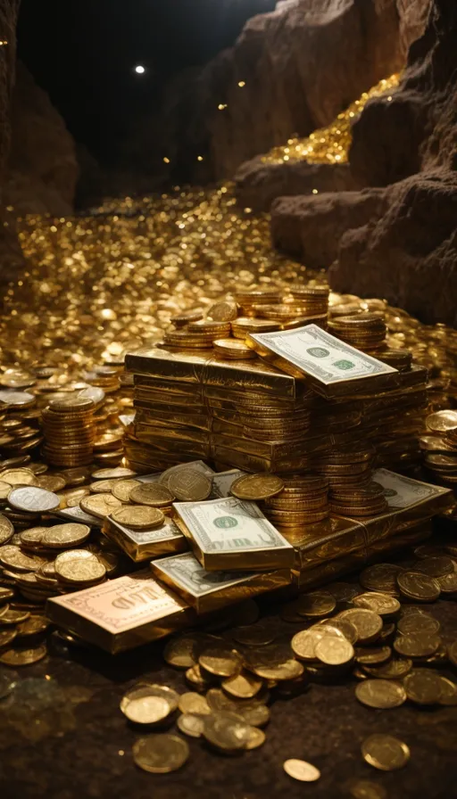 a pile of money sitting on top of a pile of gold coins