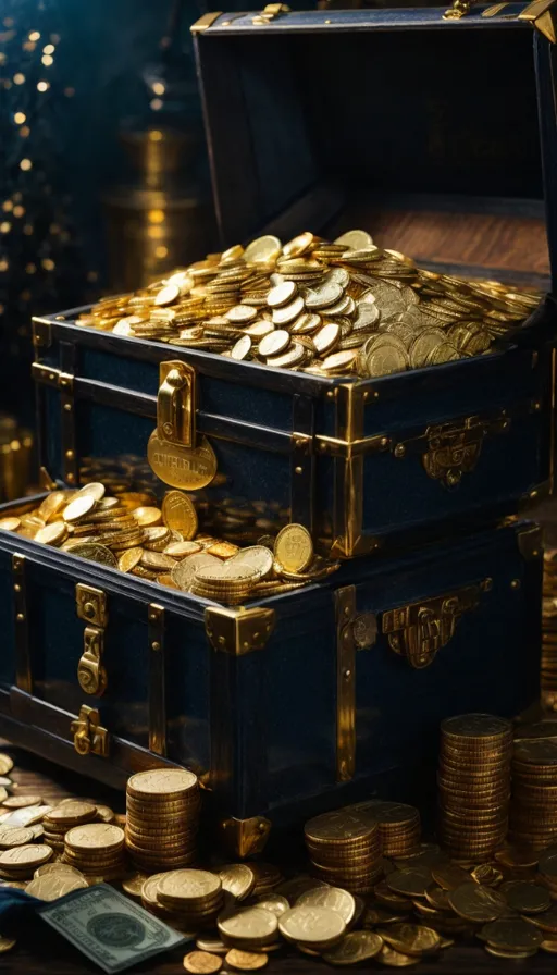 a trunk full of gold coins sitting on top of a table