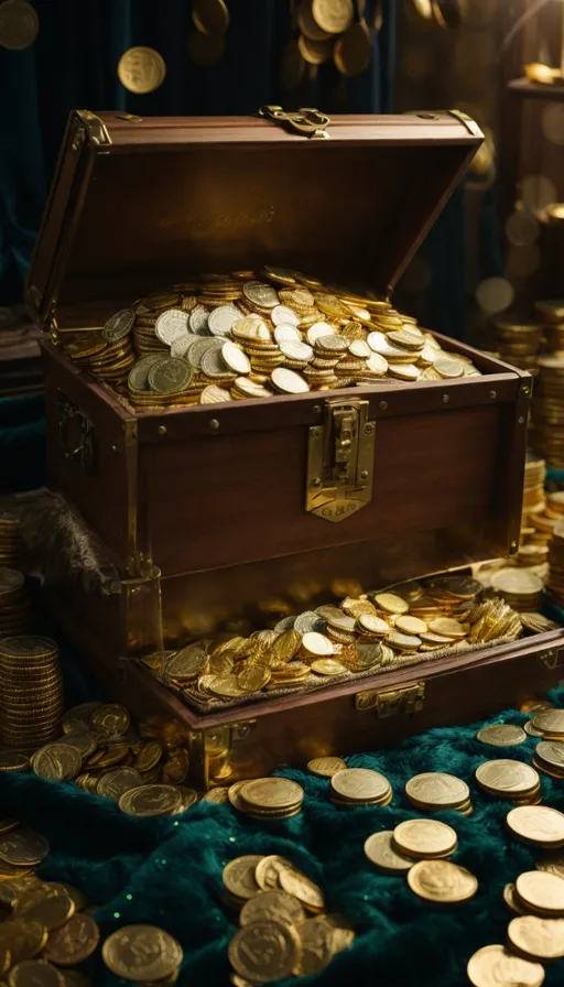 a chest full of gold coins on a table